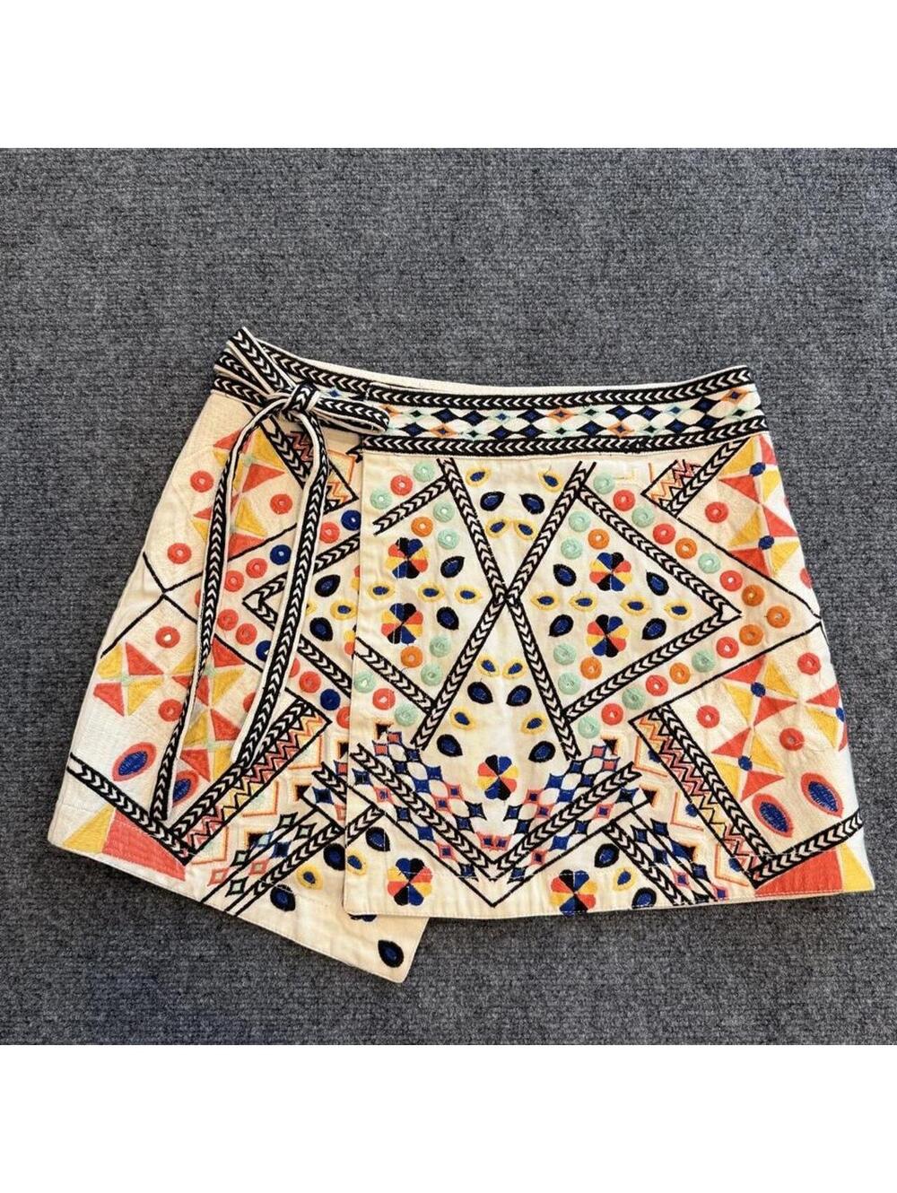 Farm Rio Embroidered wrap skirt geometric Tie waist, festival boho casual unique